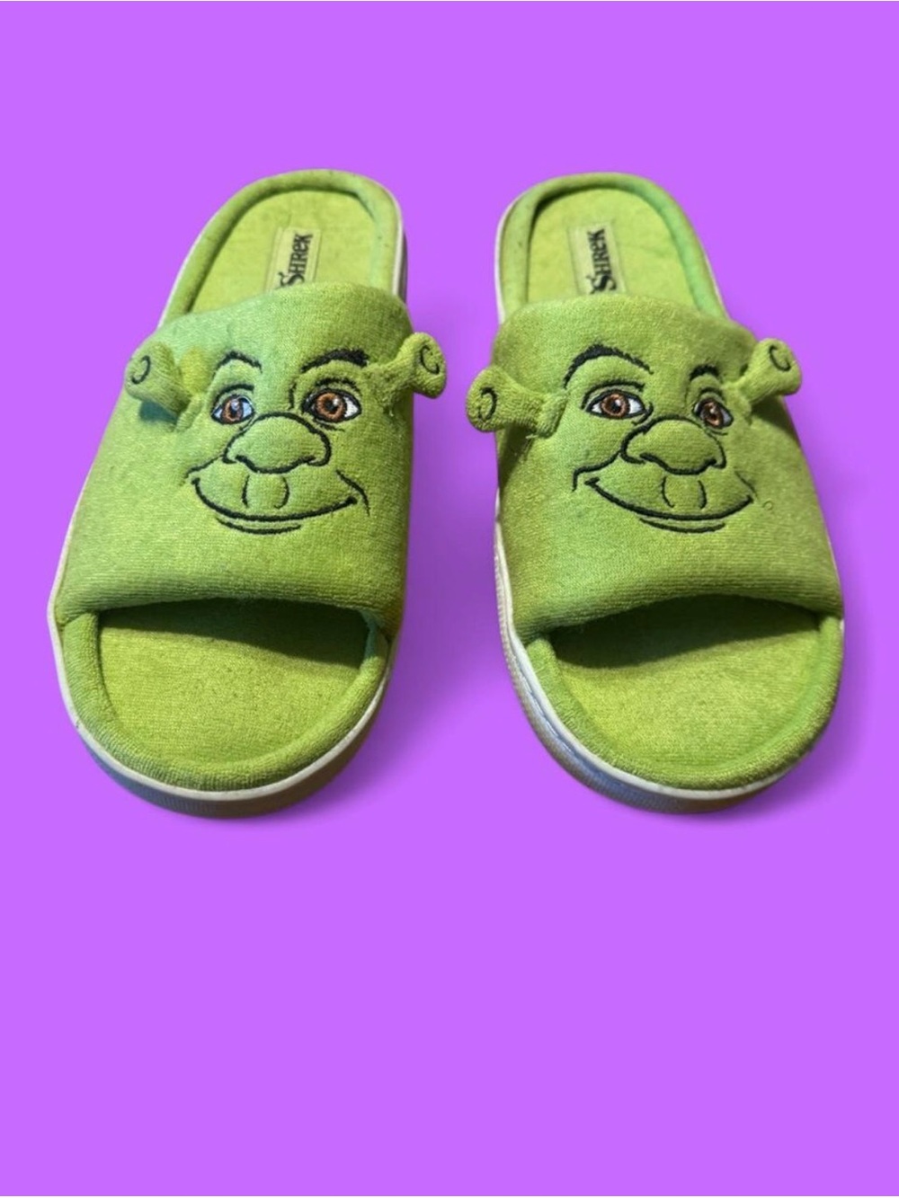 Bioworld Shrek Green Slide fuzzy open toe Slippers Size men l 3D Ears Ogre slide